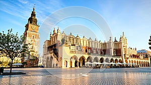 Cityscape view on the Market square with Cloth Hall building during the morning light in Krakow, Poland