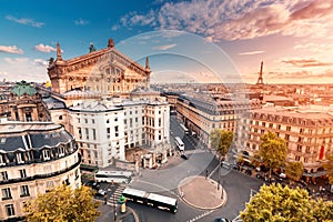 cityscape view of Paris skyline with Opera Garnier Theater building and rooftops. Travel destinations in France