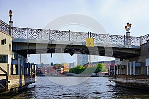 Cityscape with view of the river Pregolya, bridge and modern buildings