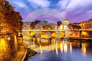 Cityscape view of Rome at sunset with St Peter Cathedral in Vatican