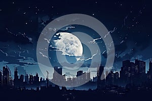 cityscape, with view of shattered moon in the night sky