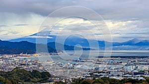 Cityscape view and shipping port international fuji mountain background japan