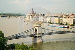 Cityscape view on a Szechenyi chain bridge and Pest bank in Bud