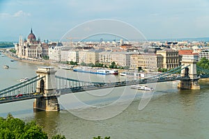 Cityscape view on a Szechenyi chain bridge and Pest bank in Bud