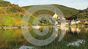 Cityscape of village Beilstein at Moselle river in Germany. Evening sun
