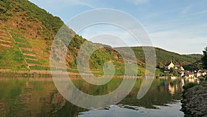 Cityscape of village Beilstein at Moselle river in Germany. Evening sun