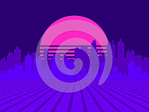 Cityscape in virtual reality with the sun in the style of the 80s. Retro futuristic city landscape with sunset in virtual reality