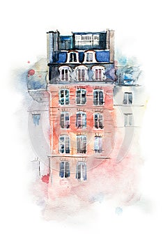 Cityscape watercolor drawing, hand drawn aquarelle painting.