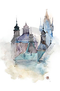 Cityscape watercolor drawing, hand drawn aquarelle painting. photo