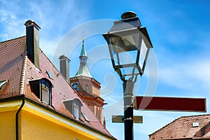 Cityscape of Weil der Stadt with street light and roofes, Wuerttemberg, Germany