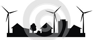 Cityscape, wind power plant, black silhouette