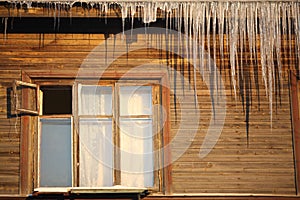 Cityscape in winter window in old house