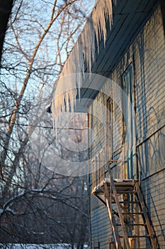 Cityscape in winter window in old house