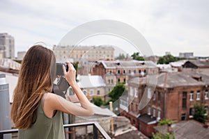 Cityscape woman photoshoot roof concept