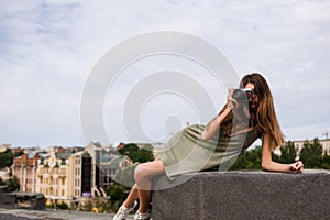 Cityscape woman photoshoot roof concept