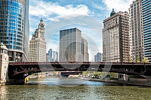 Cityscape with Wrigley Building and Wabash Avenue Bridge from Chicago river, Illinois.