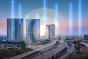 Cityscapes with binary code. Network connection photo