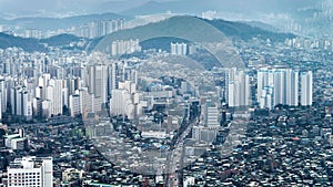 cityscapes of Seoul City with modern office buildings and skyscrapers and skyline from aerial view, in Seoul, Republic