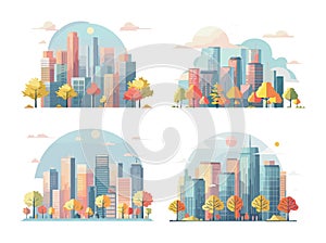 Cityscapes with skyscrapers trees and clouds, color vector set. City skylines panoramic urban landscapes, buildings