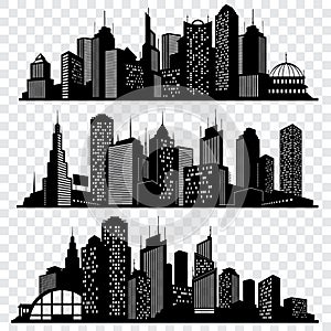 Cityscapes, town skyline buildings, big city silhouettes vector set