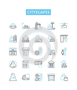 Cityscapes vector line icons set. Urban, skyline, metropolis, metropolises, vista, architecture, buildings illustration