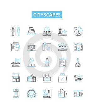 Cityscapes vector line icons set. Urban, skyline, metropolis, metropolises, vista, architecture, buildings illustration