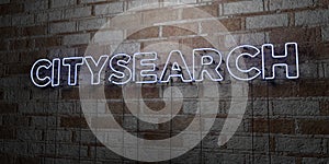 CITYSEARCH - Glowing Neon Sign on stonework wall - 3D rendered royalty free stock illustration