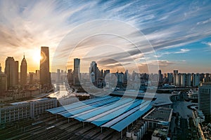 Cityspace of Tianjin with its beautiful skyscrapers during the sunrise in China