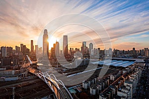 Cityspace of Tianjin with its beautiful skyscrapers during the sunrise in China