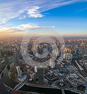 Cityspace of Tianjin with its beautiful skyscrapers during the sunrise in China