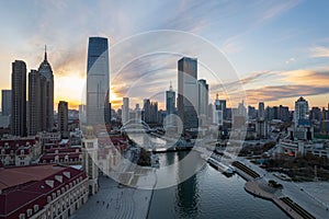 Cityspace of Tianjin with its beautiful skyscrapers during the sunrise in China