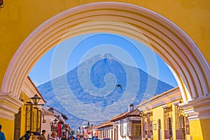 Ciudad de Guatemala, Guatemala, April, 25, 2018: Unidentified people walking in the streets of antigua city and view of