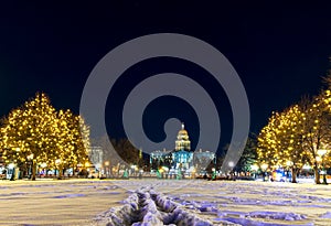 Civic Center Park and Colorado State Capitol during a winters night. Denver