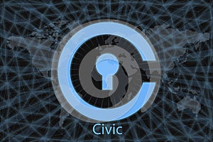 Civic CVC  Abstract Cryptocurrency. With a dark background and a world map. Graphic concept for your design