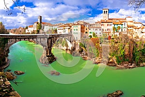 Cividale del Friuli devil`s bridge and Natisone river canyon pan