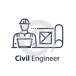 Civil engineer behind notebook, maintenance service, blueprint roll