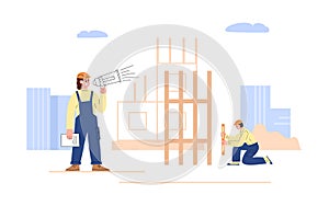 Civil engineer or foreman supervises the construction process with loudspeaker, flat vector illustration.