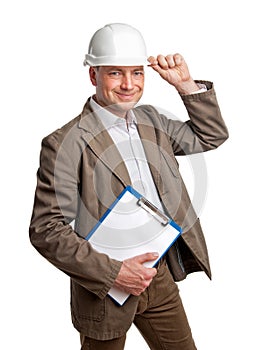 Civil engineer holding a folder in a white helmet