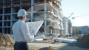 Civil engineer standing at building construction while hold blueprint. AIG42.