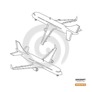 Civil isometric aircraft in outline style. Industrial blueprint of airplane. Front and back view. Plane contour icon