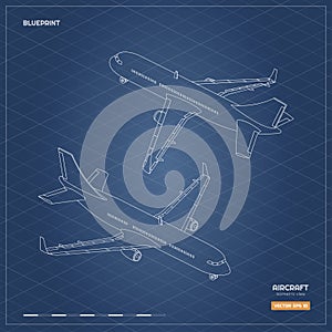 Civil isometric aircraft in outline style. Industrial blueprint of airplane. Front and back view. Plane contour icon