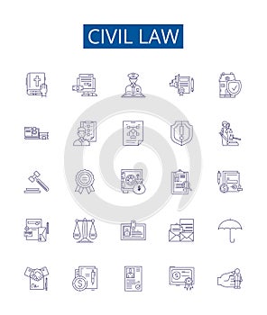 Civil law line icons signs set. Design collection of Civil, law, common, contract, tort, property, succession, trust