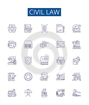 Civil law line icons signs set. Design collection of Civil, law, common, contract, tort, property, succession, trust