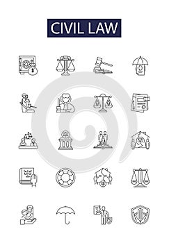 Civil law line vector icons and signs. Law, Rights, Litigation, Torts, Contracts, Property, Liability, Governments
