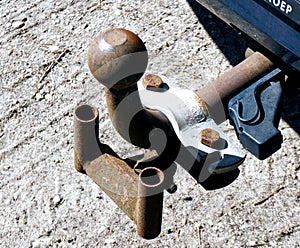 Civilian car towbar closeup. Rear view on blue car tow bar.