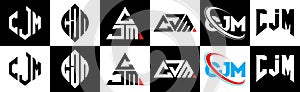 CJM letter logo design in six style. CJM polygon, circle, triangle, hexagon, flat and simple style with black and white color