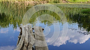 CkgroundA bridge of old beams above the river, a reflection of the blue sky and clouds