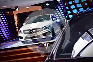 CLA AMG sports coupe on display at the Mercedes Benz gallery along Champ Elysees in Paris