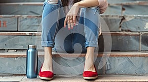Clad in Denim and Ruby Red Flats, a Woman Sits on Stairs, Her Reusable Beverage Container by Her Side, in a Nod to Plastic-Free