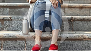 Clad in Denim and Ruby Red Flats, a Woman Sits on Stairs, Her Reusable Beverage Container by Her Side, in a Nod to Plastic-Free